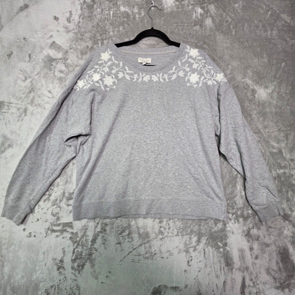 Lucky Brand Gray Floral Embroidered Sweatshirt Womens XL Crew Neck Long Sleeve